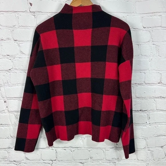 Tahari mock neck sweater Red Black Buffalo check Plaid Sweater cabin size large - Picture 4 of 6